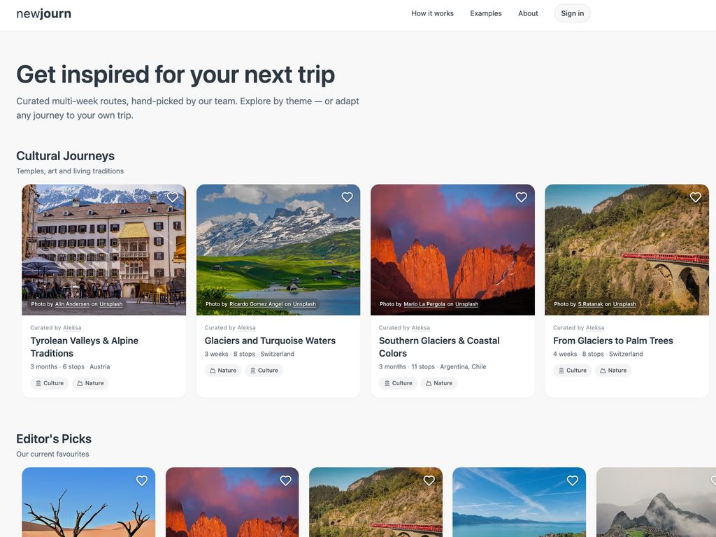 Newjourn Curated Trips page showing a selection of multi-week travel routes grouped by theme.