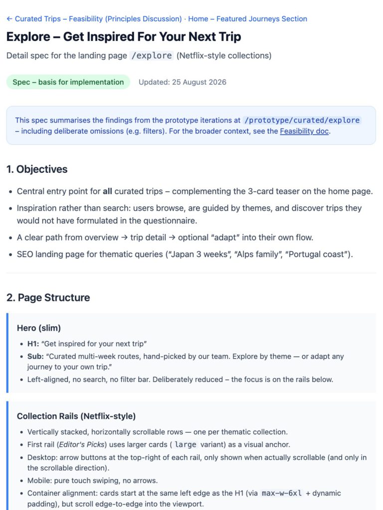 Product specification for the Curated Trips Explore page, documenting objectives and decisions from earlier prototype iterations.