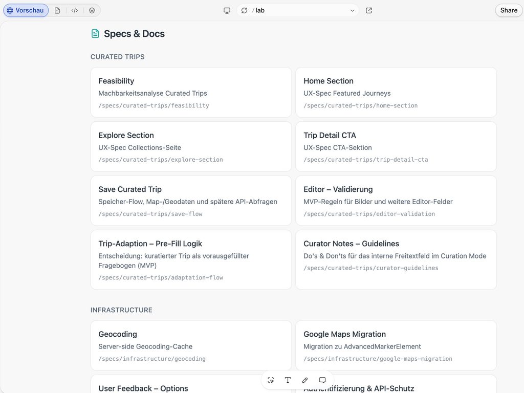 Lovable Specs & Docs overview showing product specifications for Curated Trips, including feasibility, explore, trip detail, save flow and editor validation.